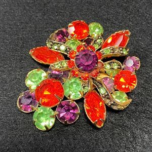 Large Sparkly Vintage Rhinestone Purple, Orange, Green Brooch Pin 2 Inches